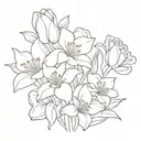 A bouquet with these four flowers: Lily, Rose, Daffodil, and Poppy. tattoo design idea