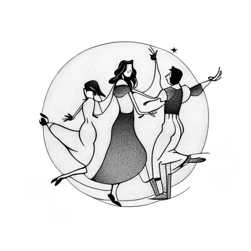 A group of friends dancing and laughing under a mesmerizing moonlit sky tattoo design idea