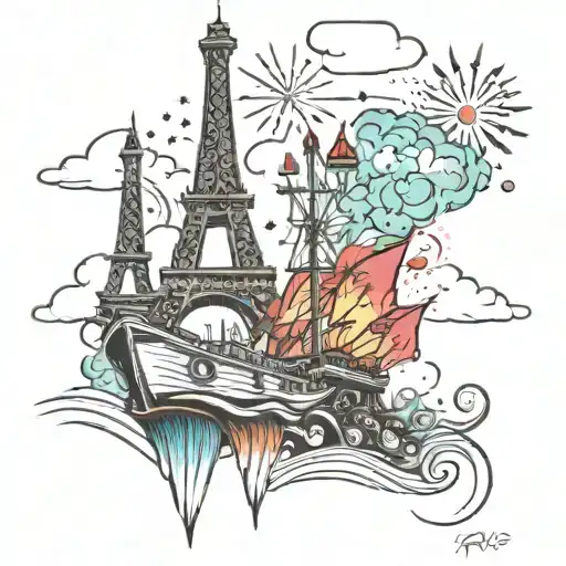 Paris, boats, fireworks exploding tattoo design idea