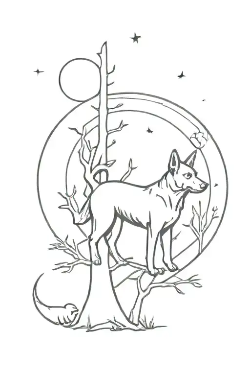 tree, chicken, sun, moon, german shepherd, boxer dog tattoo design idea