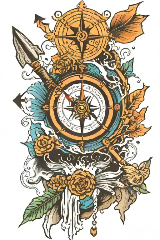 waterfall with compass and hunting arrows tattoo design idea