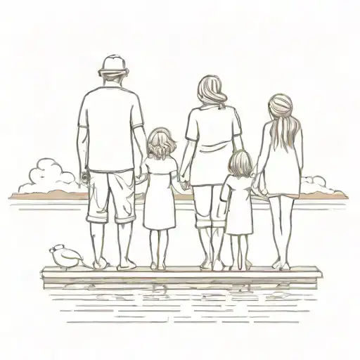 a family on a dock at sunset tattoo design idea