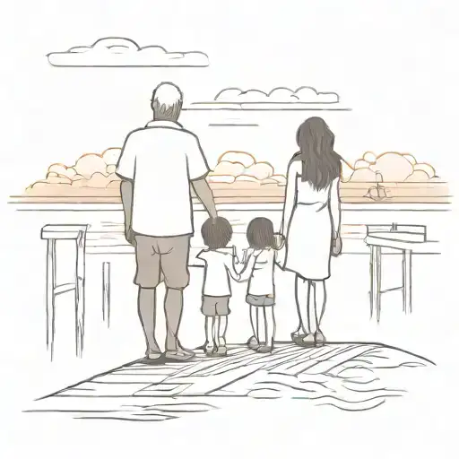 a family on a dock at sunset tattoo design idea