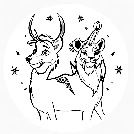 A minimalist tattoo of Bambi and Simba sitting on a vinyl record tattoo design idea