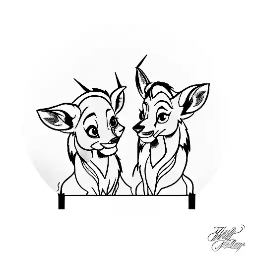 A minimalist tattoo of Bambi and Simba sitting on a vinyl record tattoo design idea