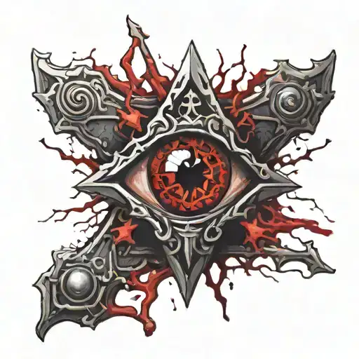 Dark black broke Satanic cross Realistic Eye, cracked and bleeding. dark black and blood red. golden cross. demonic tattoo design idea