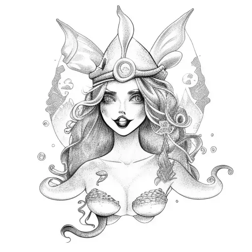mermaid with mad hatter  tattoo design idea