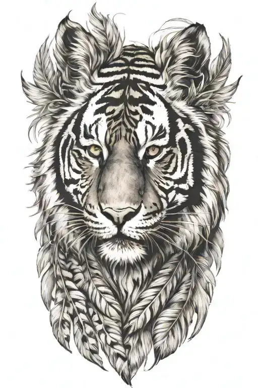 tiger with feathers dangling tattoo design idea
