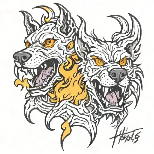 hell hound 3 heads with flames tattoo design idea