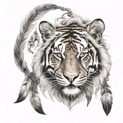 tiger with feathers hanging under   tattoo design idea