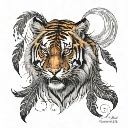 tiger with feathers hanging dangling   tattoo design idea