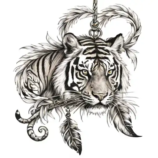tiger with feathers hanging dangling   tattoo design idea
