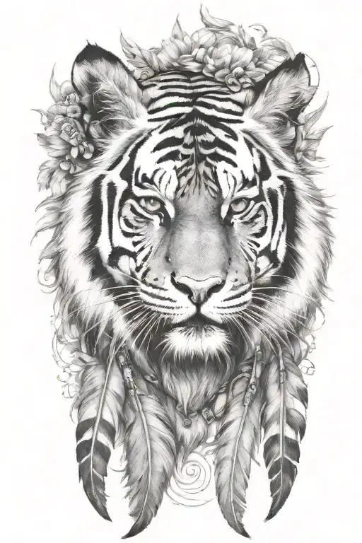 tiger with feathers dangling tattoo design idea