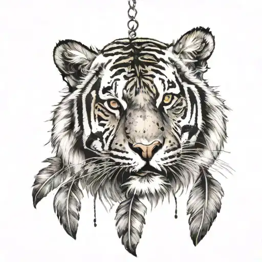 tiger with feathers hanging dangling   tattoo design idea