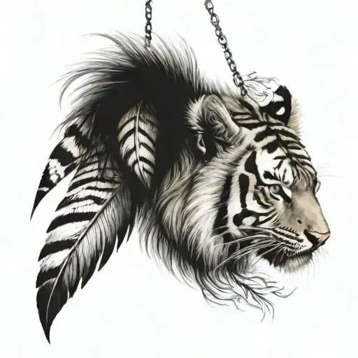tiger with feathers hanging dangling   tattoo design idea