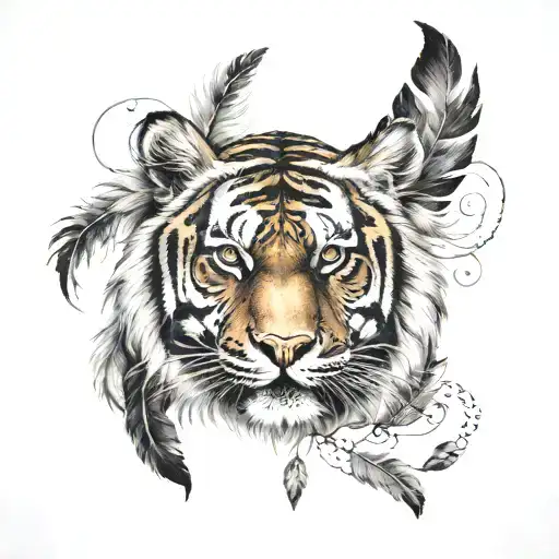 tiger with feathers hanging under   tattoo design idea