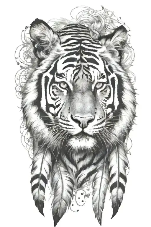 tiger with feathers dangling tattoo design idea