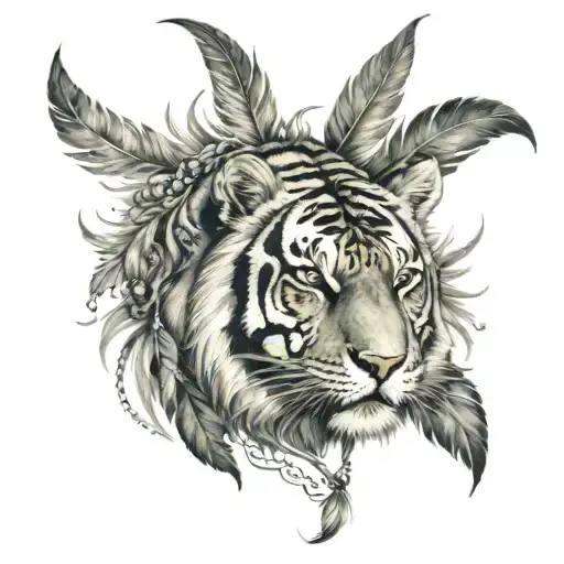 tiger with feathers hanging under   tattoo design idea