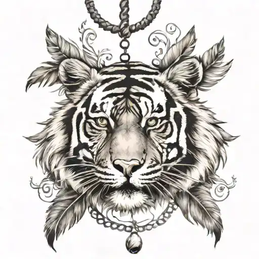 tiger with feathers hanging dangling   tattoo design idea
