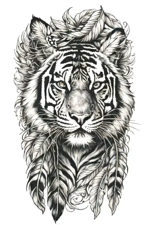 tiger with feathers dangling tattoo design idea