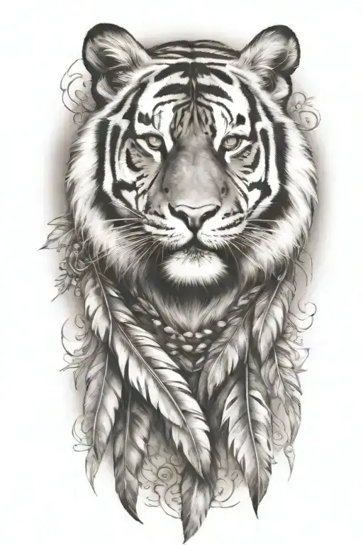tiger with feathers dangling tattoo design idea