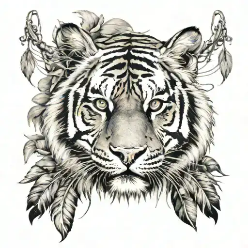 tiger with feathers on strings hanging  tattoo design idea