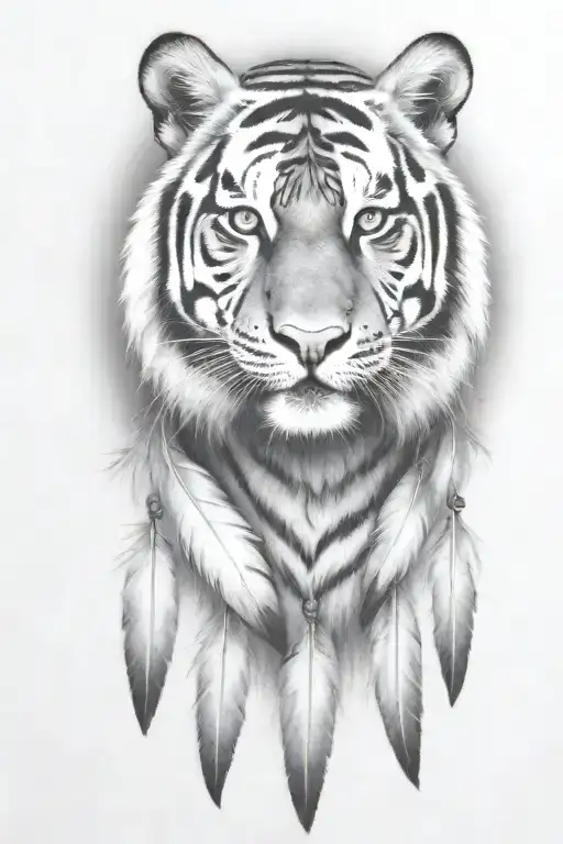 tiger with feathers dangling tattoo design idea