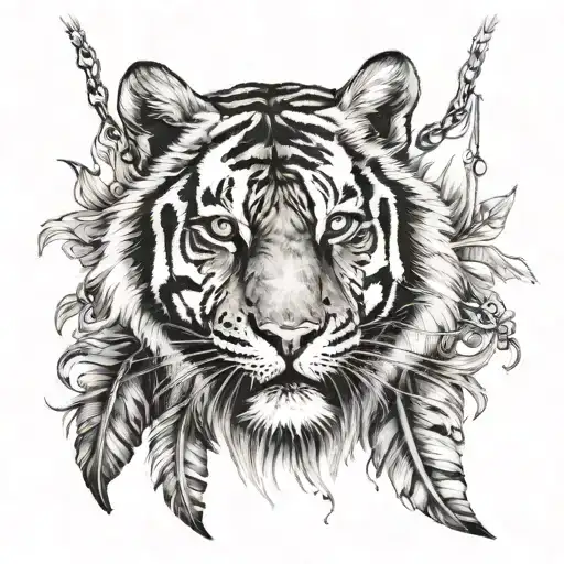 tiger with feathers hanging dangling   tattoo design idea