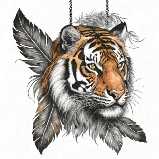 tiger with feathers on strings hanging  tattoo design idea
