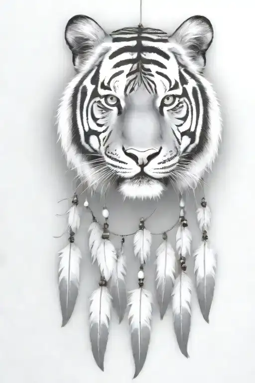 tiger with feathers dangling jems and crystals tattoo design idea