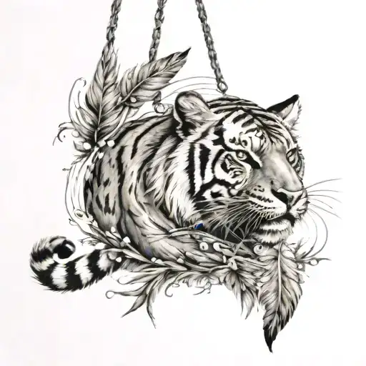 tiger with feathers hanging dangling   tattoo design idea