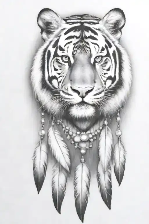tiger with feathers dangling jems and crystals tattoo design idea