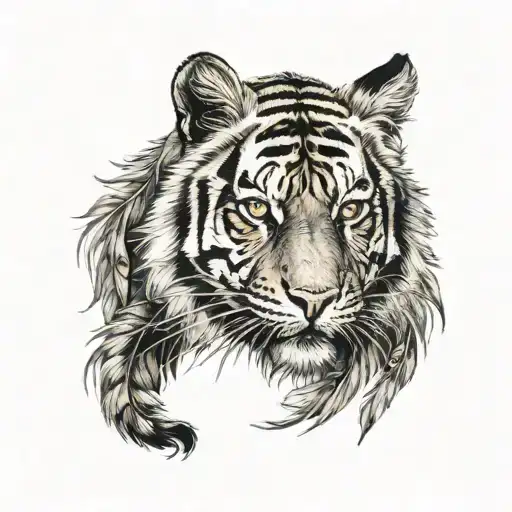 tiger with feathers dangling tattoo design idea