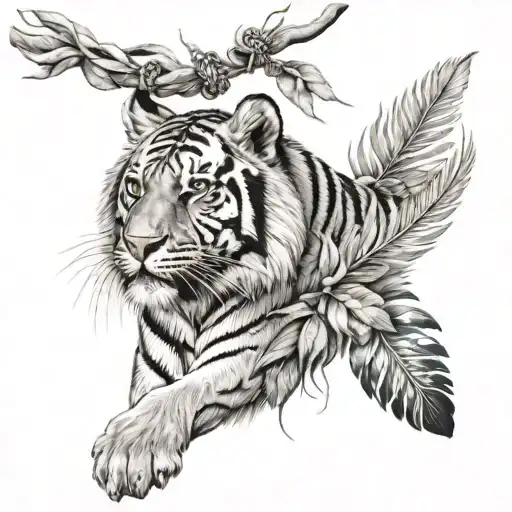 tiger with feathers hanging dangling   tattoo design idea