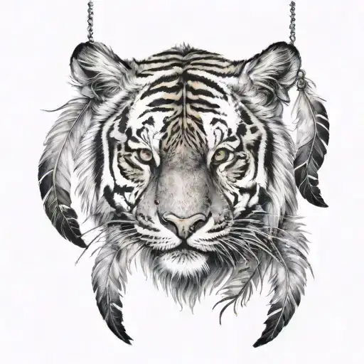 tiger with feathers hanging dangling   tattoo design idea