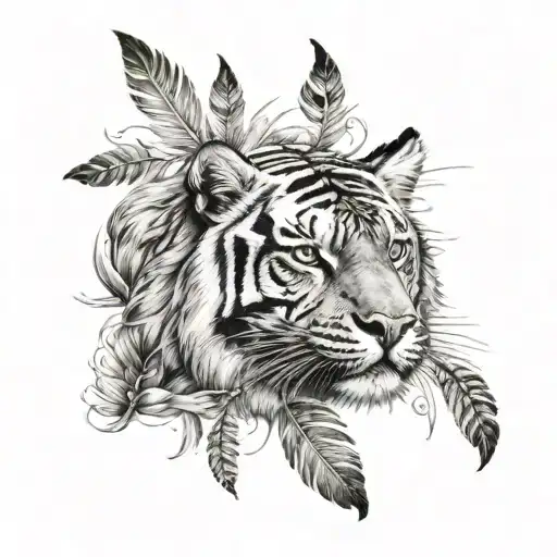 tiger with feathers dangling tattoo design idea