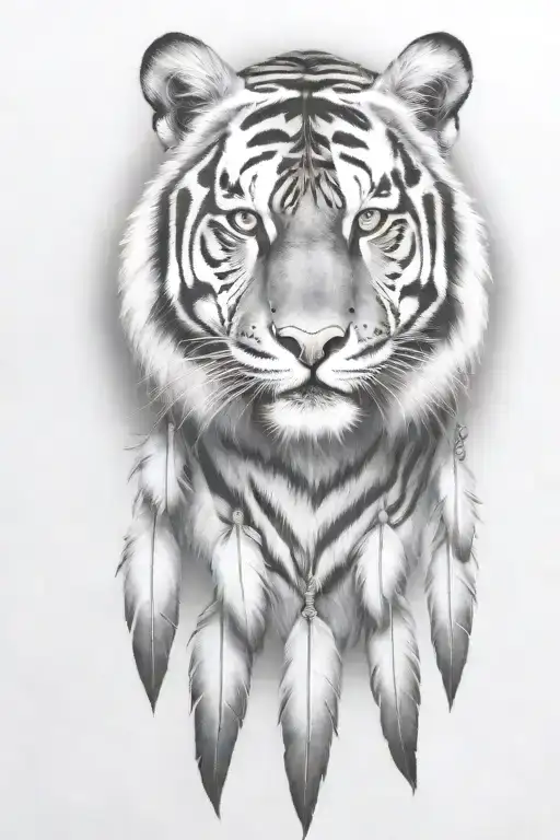 tiger with feathers dangling tattoo design idea