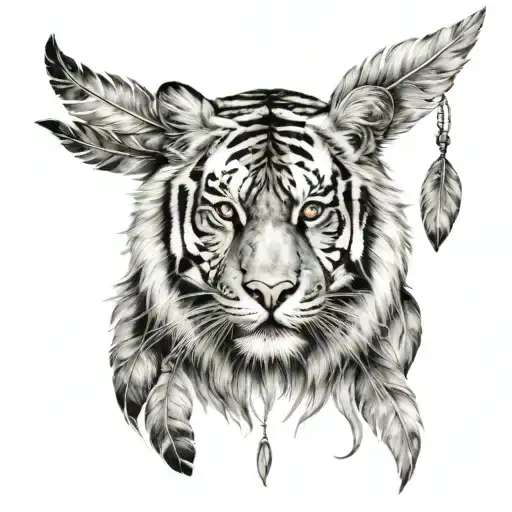 tiger with feathers hanging under   tattoo design idea