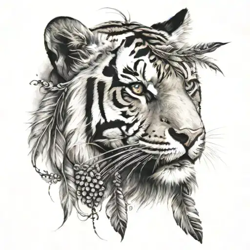 tiger with feathers dangling   tattoo design idea