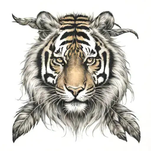 tiger with long feathers on  hanging  tattoo design idea
