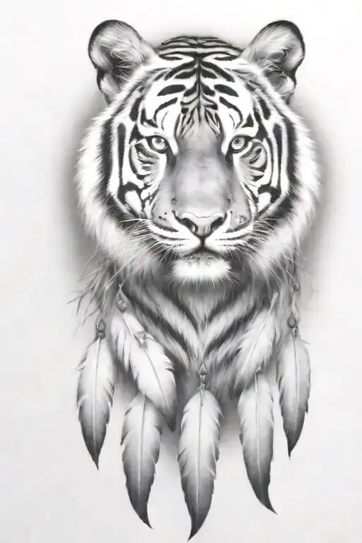 tiger with feathers dangling tattoo design idea