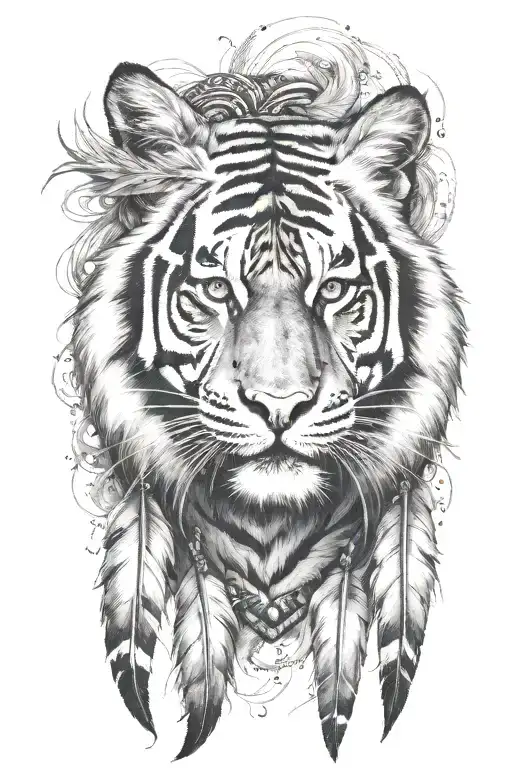 tiger with feathers dangling jems tattoo design idea