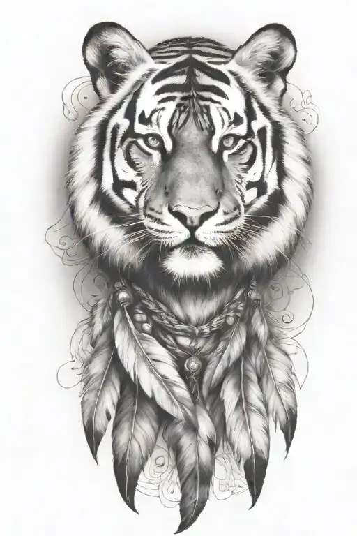 tiger with feathers dangling tattoo design idea