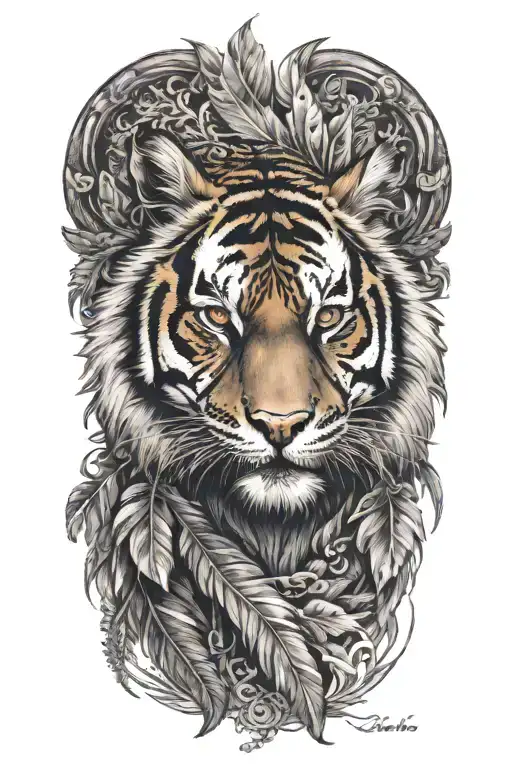 tiger with feathers dangling tattoo design idea