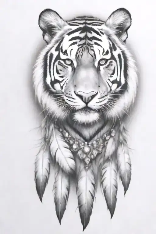 tiger with feathers dangling jems and crystals tattoo design idea