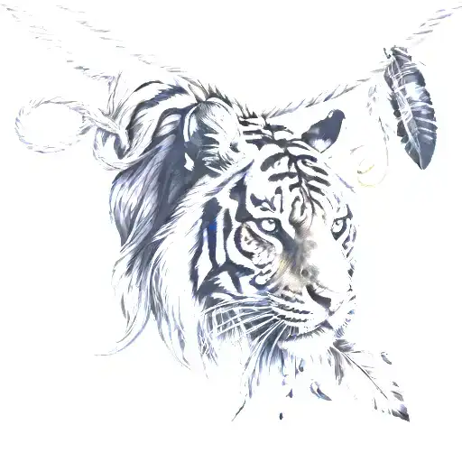 tiger with feathers on strings hanging upside tattoo design idea