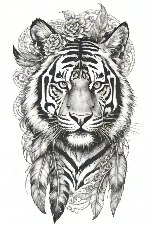 tiger with feathers dangling tattoo design idea