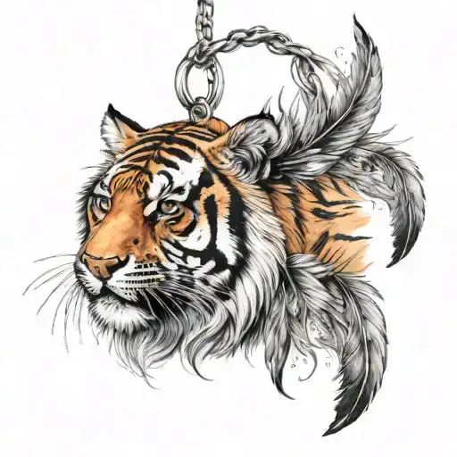 tiger with feathers hanging dangling   tattoo design idea