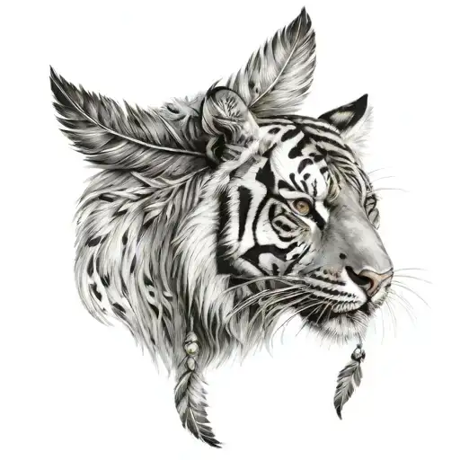 tiger with feathers dangling tattoo design idea