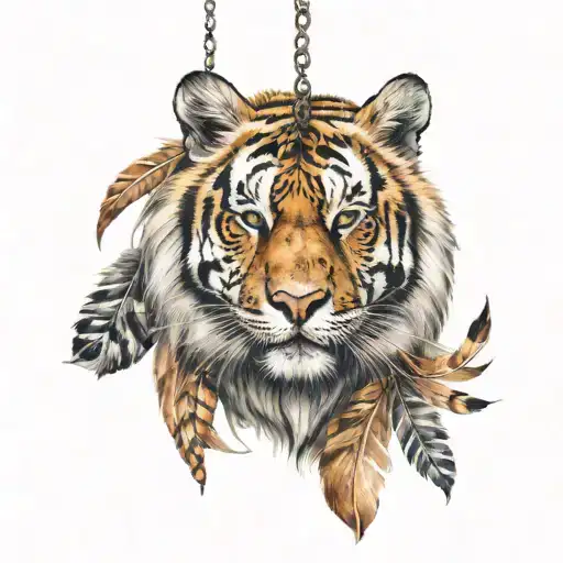 tiger with feathers hanging dangling   tattoo design idea